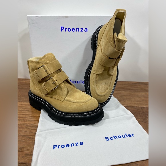 NIB Proenza Schouler Beige Calf Suede Buckle Ankle Boots Sucal Lug Soles $1150
